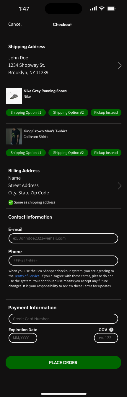 Eco Shopper mobile checkout screen