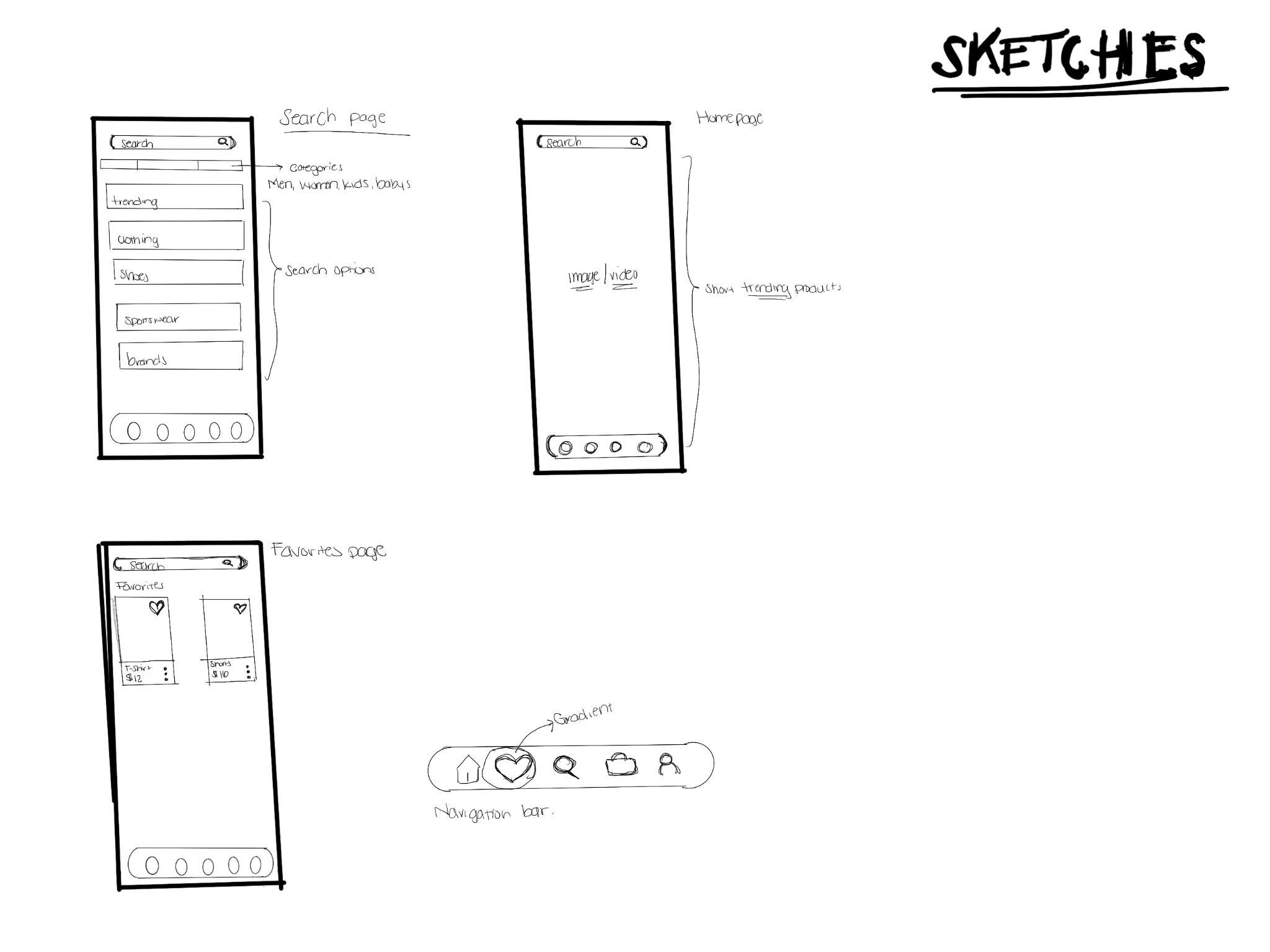Early sketches for search, home, favorites, and mobile navigation