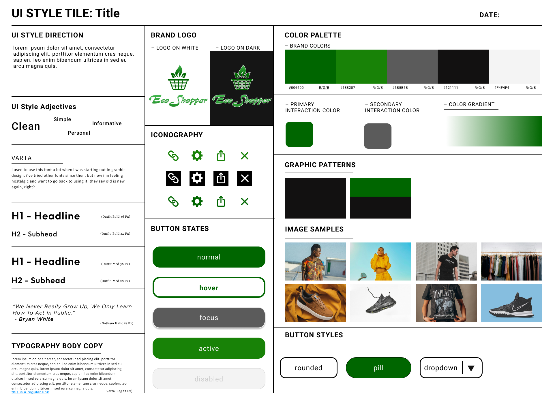 Eco Shopper style guide with logo, colors, type, icons, buttons, and image samples