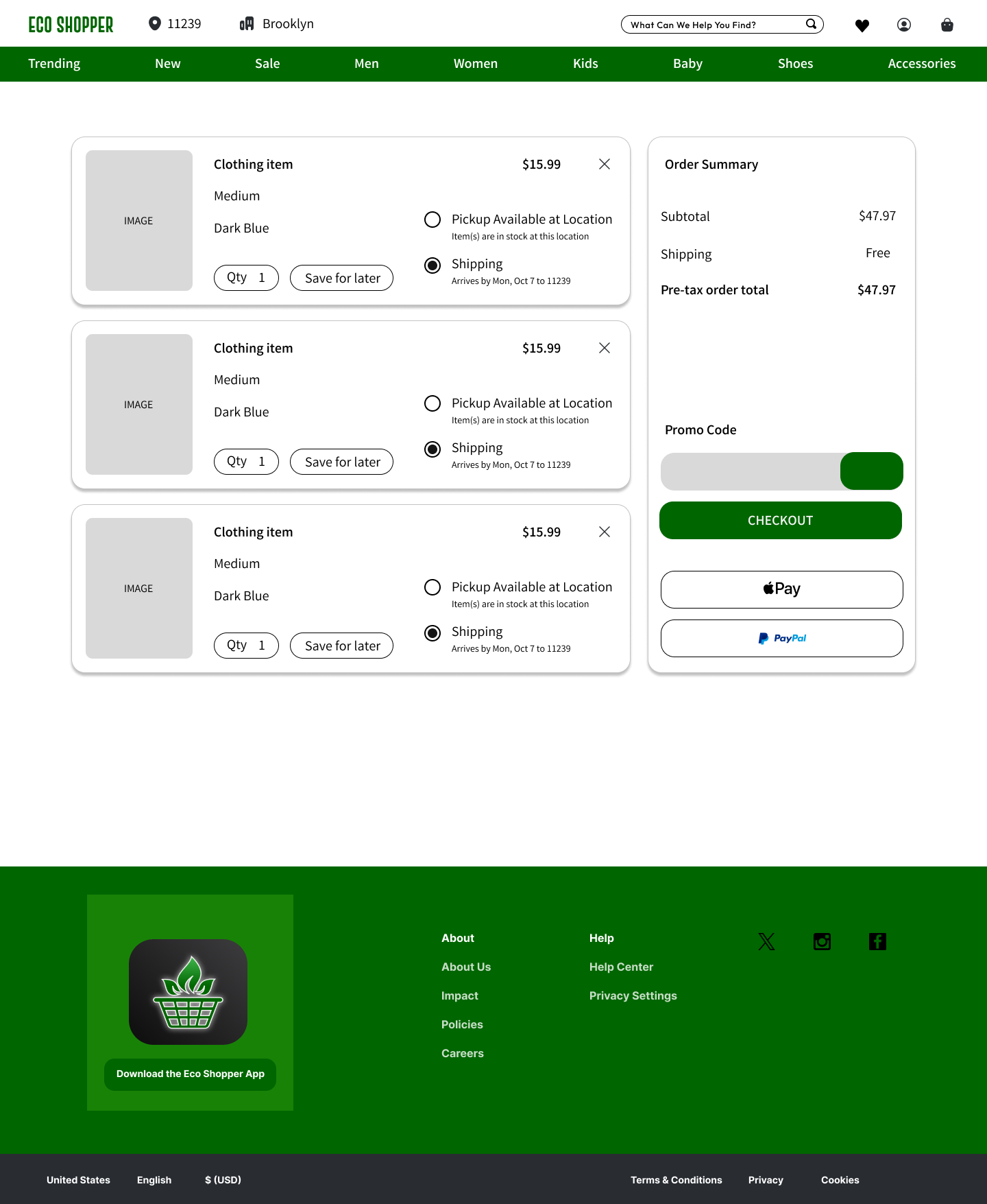 Eco Shopper website cart and order summary screen