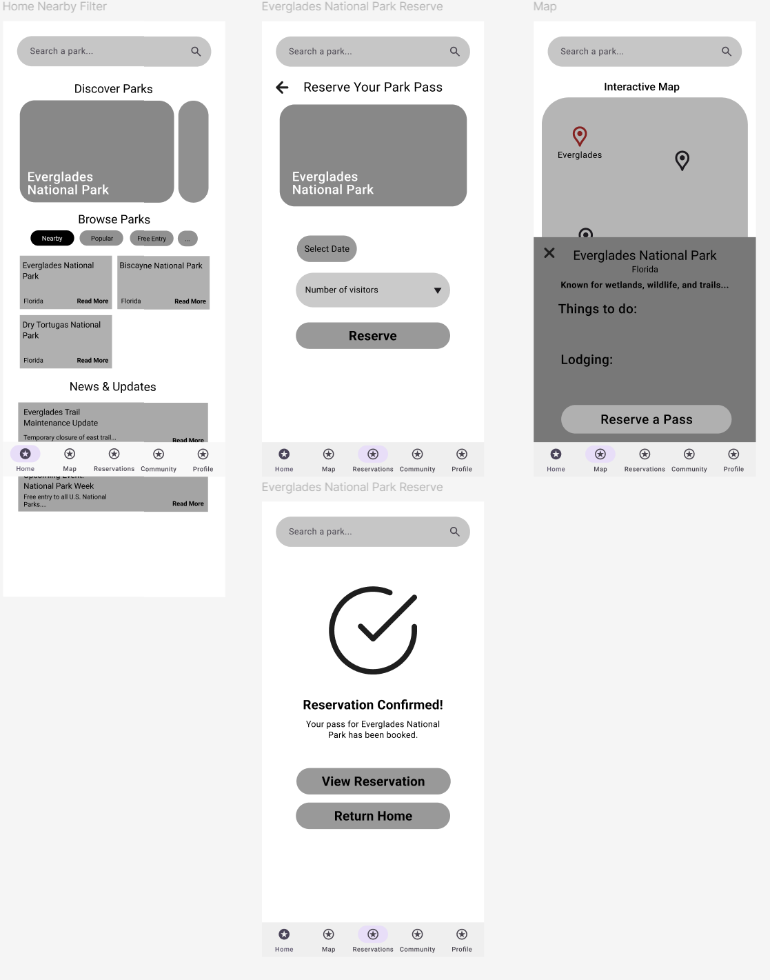 Low-fidelity screens for park discovery, reservations, map, and confirmation