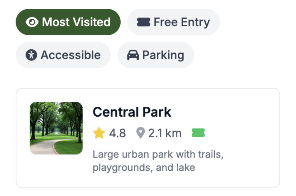 Park information card with accessibility and parking filters